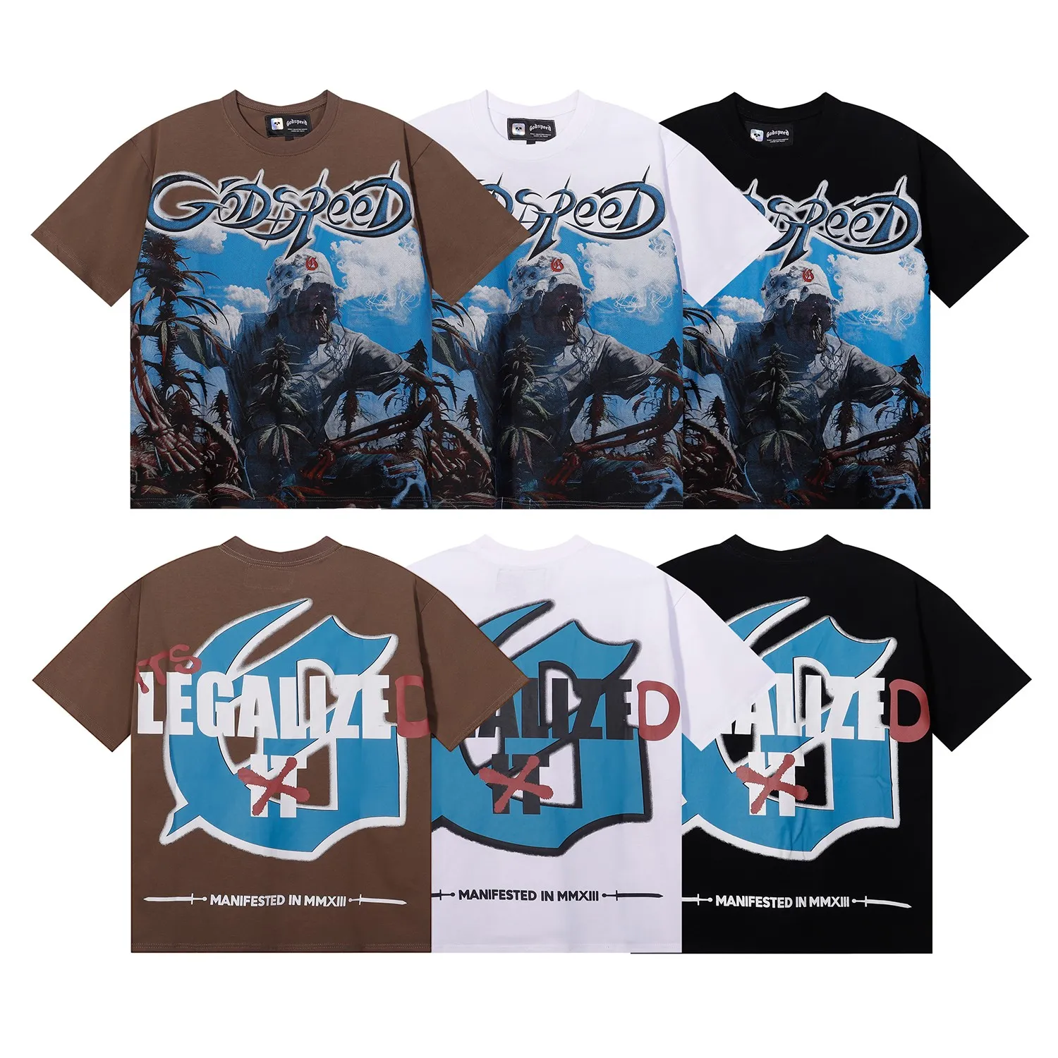 No. 7081, American fashion Godspeed blue sky and white clouds poppy skull planting print high weight double yarn pure cotton casual short-sleeved T-shirt batch 106 Color: black, white, brown; Size: S M L XL