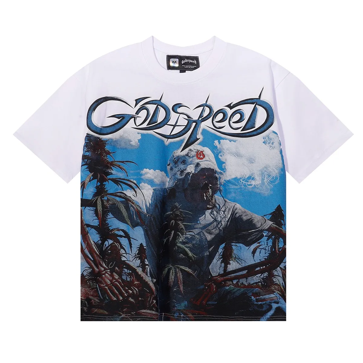 No. 7081, American fashion Godspeed blue sky and white clouds poppy skull planting print high weight double yarn pure cotton casual short-sleeved T-shirt batch 106 Color: black, white, brown; Size: S M L XL