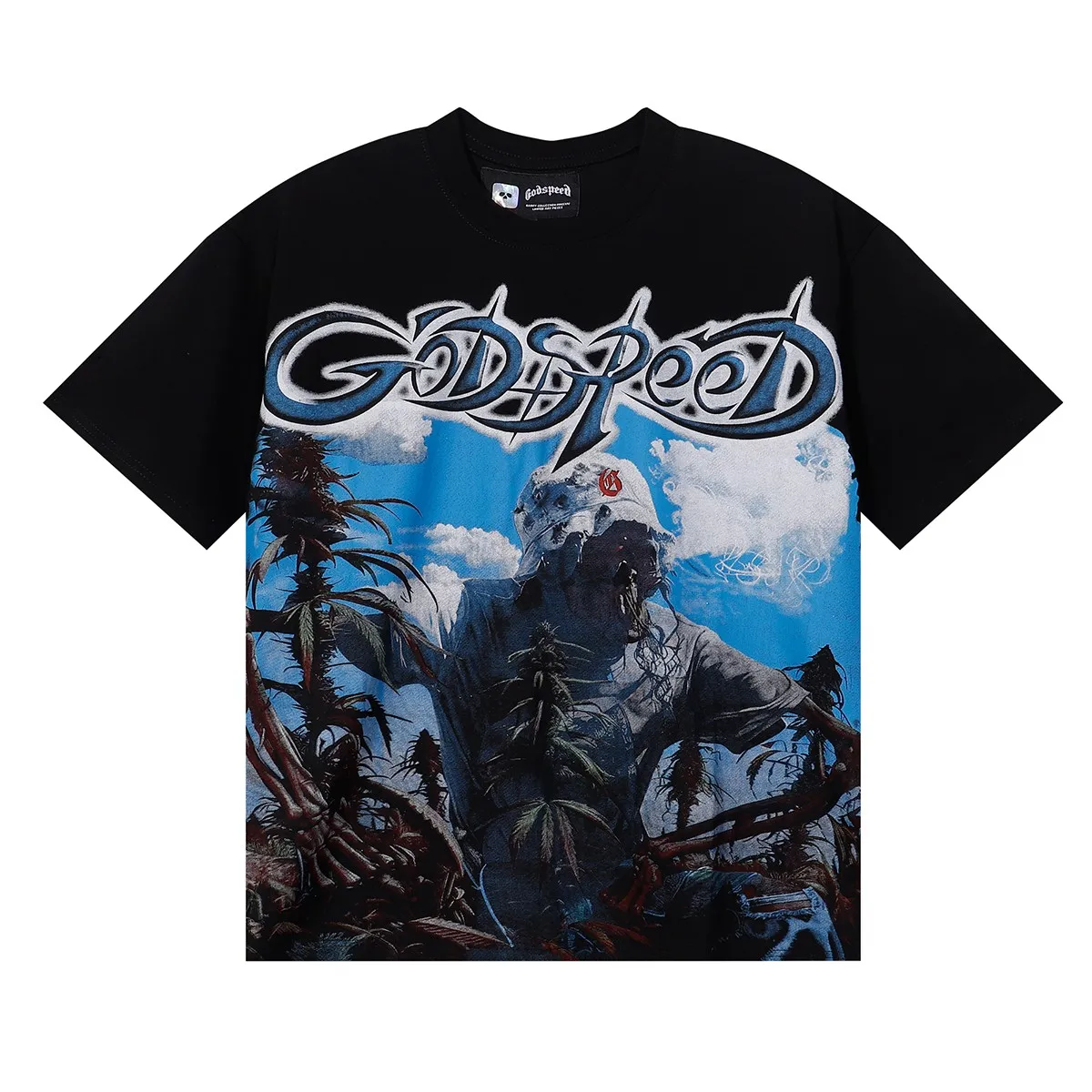 No. 7081, American fashion Godspeed blue sky and white clouds poppy skull planting print high weight double yarn pure cotton casual short-sleeved T-shirt batch 106 Color: black, white, brown; Size: S M L XL