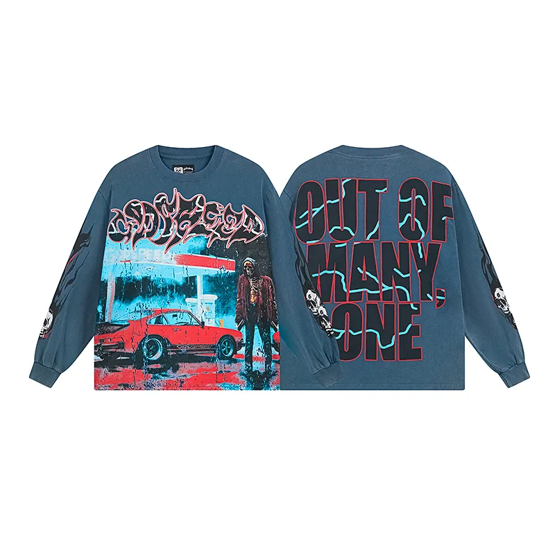 1101# P160 Washed Style Real Shot Godspeed American Fashion Rock Street Retro Washed Distressed Printed Pure Cotton Short Sleeves Fabric: 270g 32 Count Fine Cotton Double Yarn Pure Cotton Color: Washed Black Washed Blue Code Number: S M L XL