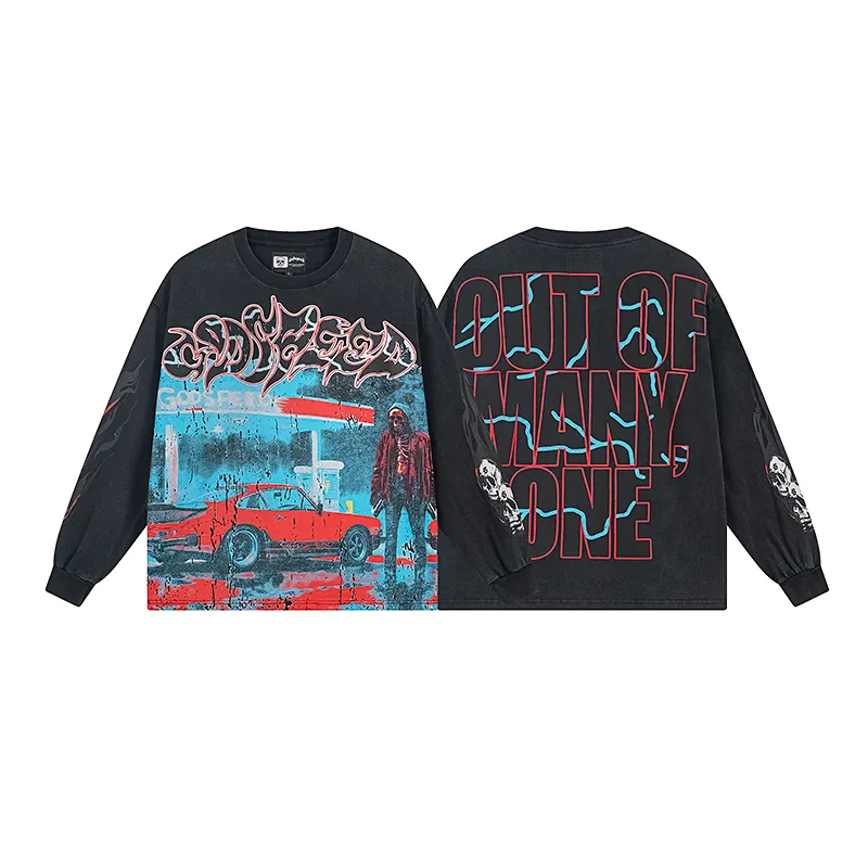1101# P160 Washed Style Real Shot Godspeed American Fashion Rock Street Retro Washed Distressed Printed Pure Cotton Short Sleeves Fabric: 270g 32 Count Fine Cotton Double Yarn Pure Cotton Color: Washed Black Washed Blue Code Number: S M L XL