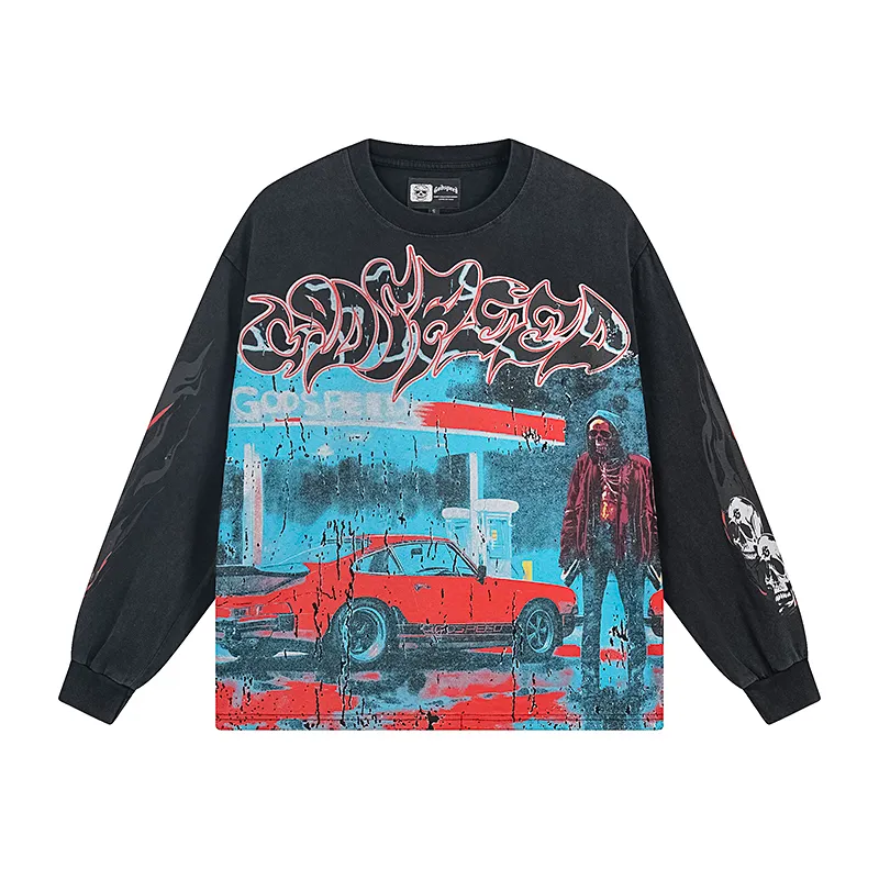 1101# P160 Washed Style Real Shot Godspeed American Fashion Rock Street Retro Washed Distressed Printed Pure Cotton Short Sleeves Fabric: 270g 32 Count Fine Cotton Double Yarn Pure Cotton Color: Washed Black Washed Blue Code Number: S M L XL