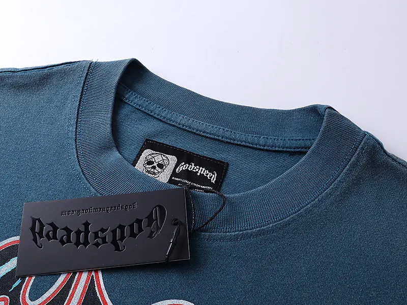 1101# P160 Washed Style Real Shot Godspeed American Fashion Rock Street Retro Washed Distressed Printed Pure Cotton Short Sleeves Fabric: 270g 32 Count Fine Cotton Double Yarn Pure Cotton Color: Washed Black Washed Blue Code Number: S M L XL