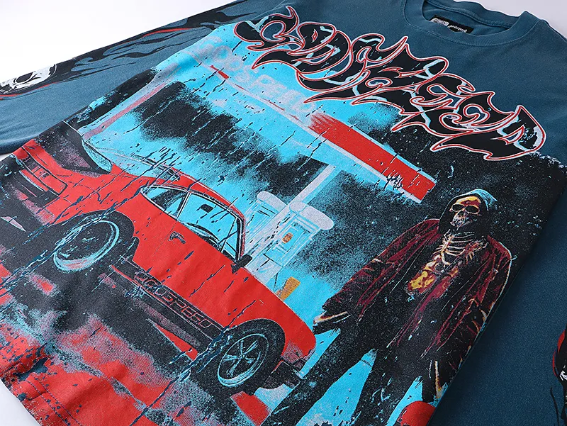 1101# P160 Washed Style Real Shot Godspeed American Fashion Rock Street Retro Washed Distressed Printed Pure Cotton Short Sleeves Fabric: 270g 32 Count Fine Cotton Double Yarn Pure Cotton Color: Washed Black Washed Blue Code Number: S M L XL