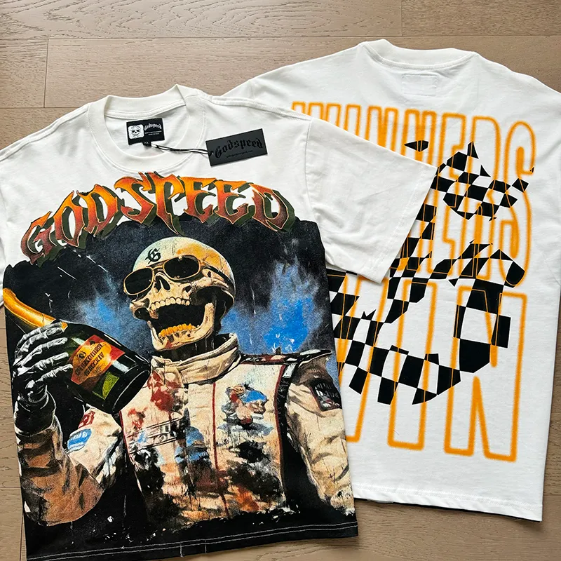 3016# P110 Real shot Godspeed American fashion rock street retro loose printed cotton short sleeves Fabric: 240g 32 count fine cotton double yarn pure cotton Color: off-white Size: S M L XL