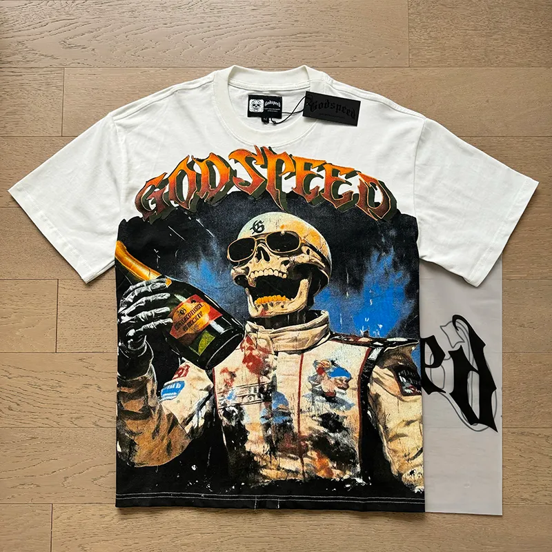 3016# P110 Real shot Godspeed American fashion rock street retro loose printed cotton short sleeves Fabric: 240g 32 count fine cotton double yarn pure cotton Color: off-white Size: S M L XL
