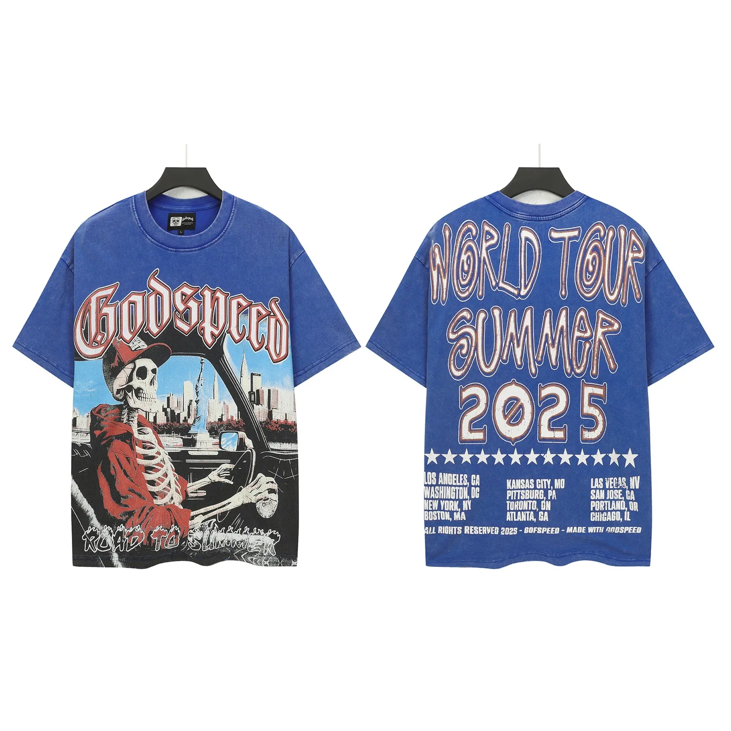 6117# Washed Klein Blue ｜ P116 Exclusive new Godspeed cross-border American rock and roll street washed retro style short-sleeved T (craft print) Fabric: 32 count combed double yarn 250 grams weight Size (size): S-M-L-XL Color (colour): Washed retro Klein blue 👉