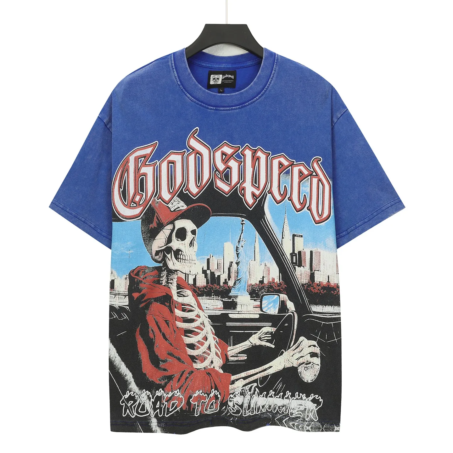 6117# Washed Klein Blue ｜ P116 Exclusive new Godspeed cross-border American rock and roll street washed retro style short-sleeved T (craft print) Fabric: 32 count combed double yarn 250 grams weight Size (size): S-M-L-XL Color (colour): Washed retro Klein blue 👉