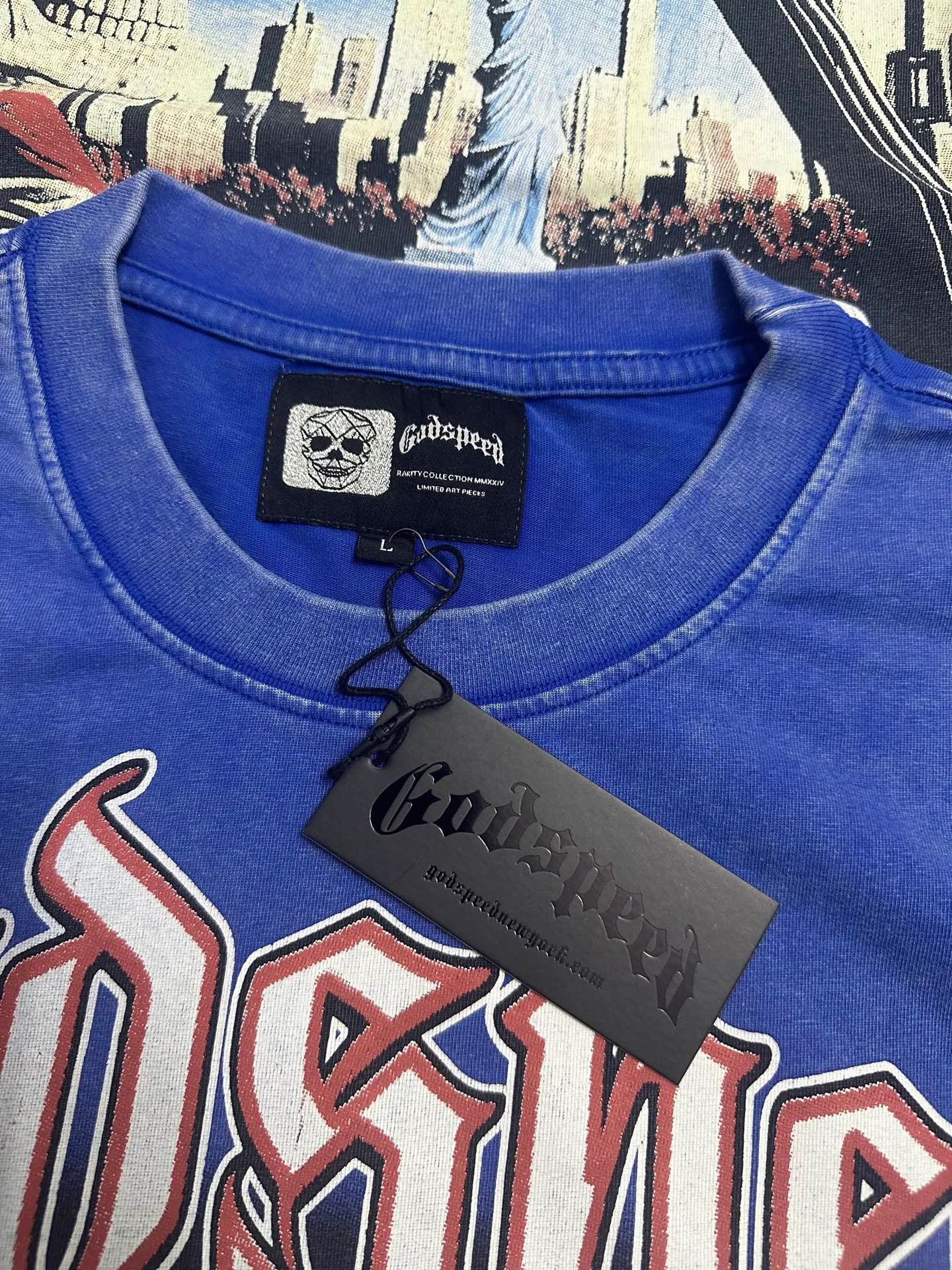 6117# Washed Klein Blue ｜ P116 Exclusive new Godspeed cross-border American rock and roll street washed retro style short-sleeved T (craft print) Fabric: 32 count combed double yarn 250 grams weight Size (size): S-M-L-XL Color (colour): Washed retro Klein blue 👉