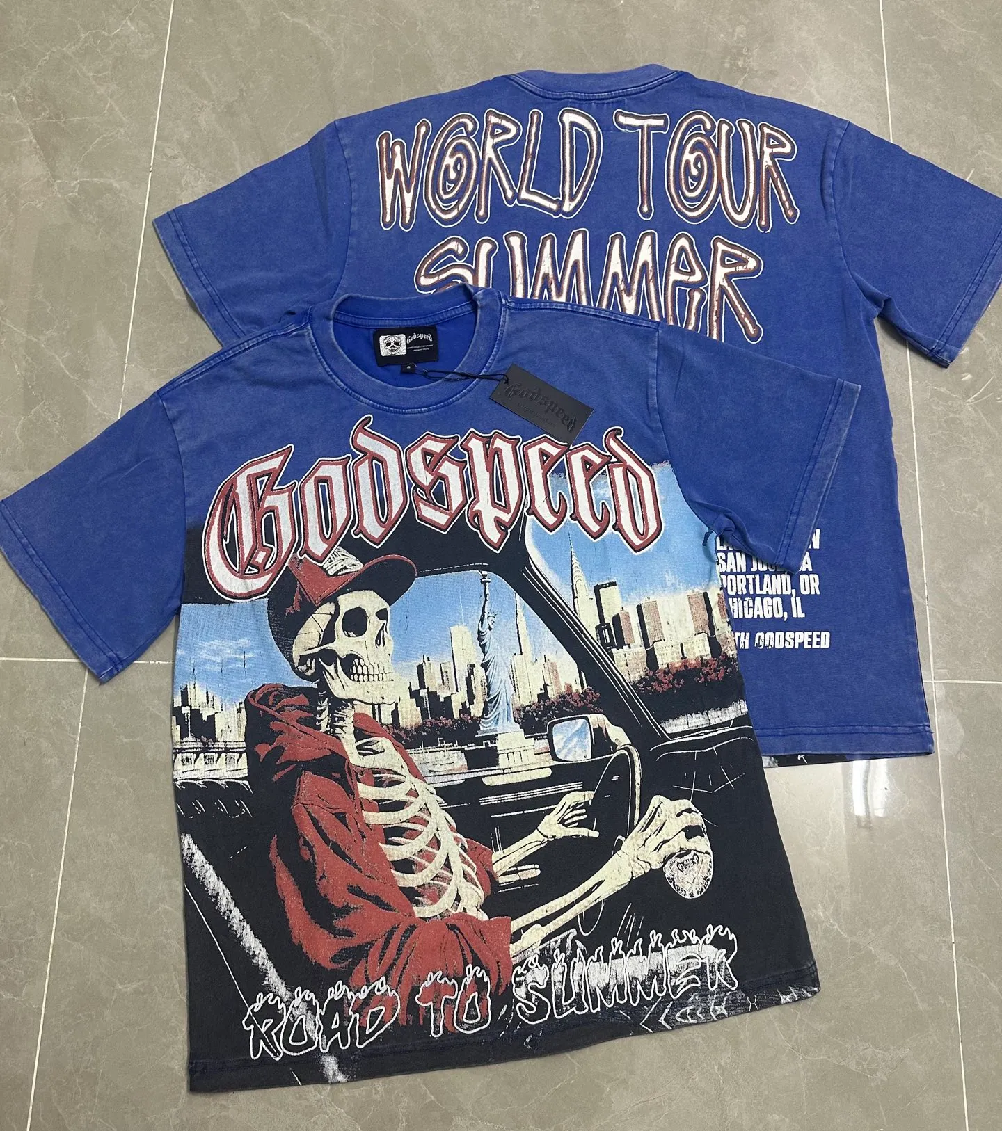 6117# Washed Klein Blue ｜ P116 Exclusive new Godspeed cross-border American rock and roll street washed retro style short-sleeved T (craft print) Fabric: 32 count combed double yarn 250 grams weight Size (size): S-M-L-XL Color (colour): Washed retro Klein blue 👉