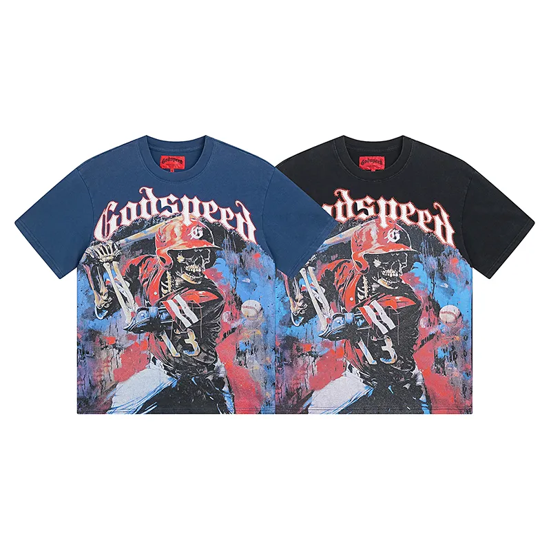 1017# P126 Washed model Real shot Godspeed American fashion rock street retro washed distressed printed cotton short sleeves Fabric: 250g 32 count fine cotton double yarn pure cotton Color: washed black washed blue Code number: S M L XL