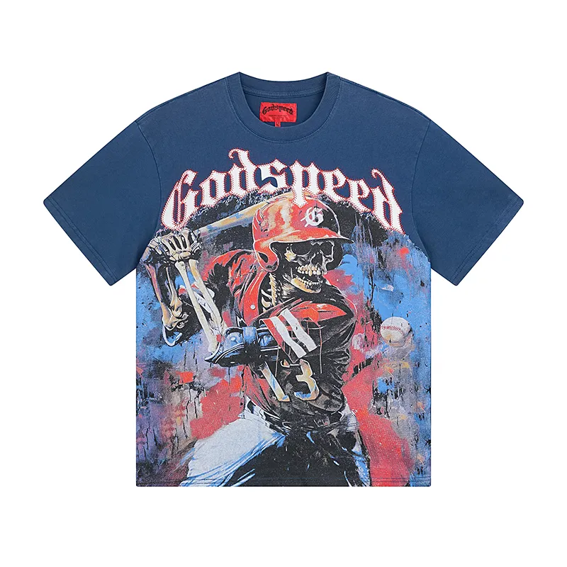 1017# P126 Washed model Real shot Godspeed American fashion rock street retro washed distressed printed cotton short sleeves Fabric: 250g 32 count fine cotton double yarn pure cotton Color: washed black washed blue Code number: S M L XL
