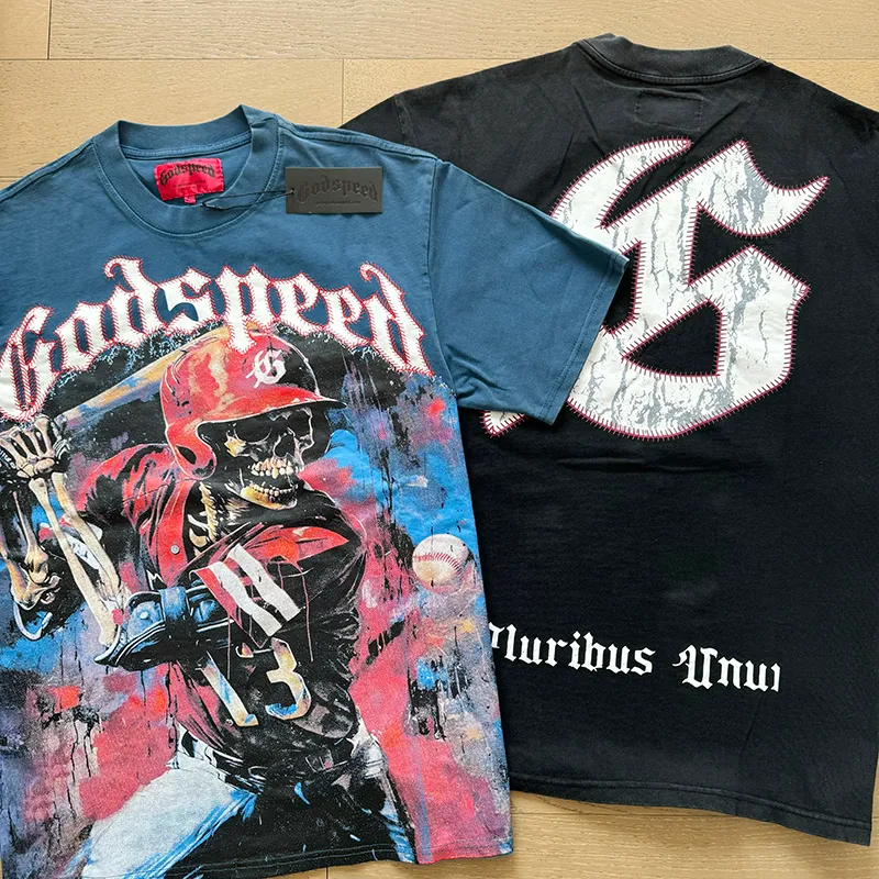 1017# P126 Washed model Real shot Godspeed American fashion rock street retro washed distressed printed cotton short sleeves Fabric: 250g 32 count fine cotton double yarn pure cotton Color: washed black washed blue Code number: S M L XL