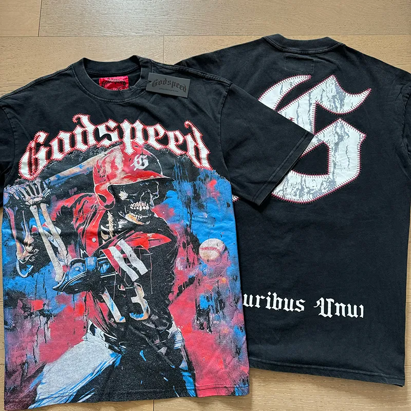 1017# P126 Washed model Real shot Godspeed American fashion rock street retro washed distressed printed cotton short sleeves Fabric: 250g 32 count fine cotton double yarn pure cotton Color: washed black washed blue Code number: S M L XL