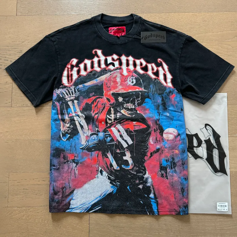 1017# P126 Washed model Real shot Godspeed American fashion rock street retro washed distressed printed cotton short sleeves Fabric: 250g 32 count fine cotton double yarn pure cotton Color: washed black washed blue Code number: S M L XL