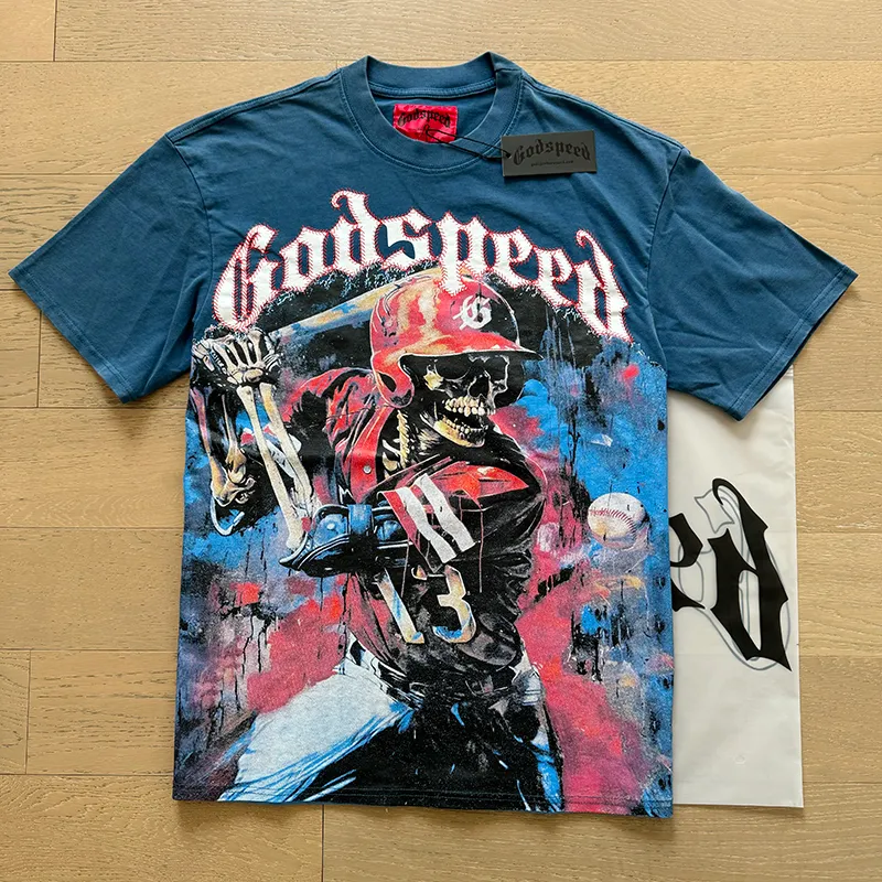 1017# P126 Washed model Real shot Godspeed American fashion rock street retro washed distressed printed cotton short sleeves Fabric: 250g 32 count fine cotton double yarn pure cotton Color: washed black washed blue Code number: S M L XL