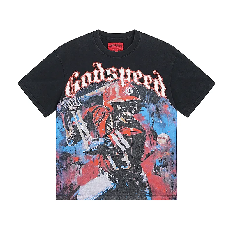 1017# P126 Washed model Real shot Godspeed American fashion rock street retro washed distressed printed cotton short sleeves Fabric: 250g 32 count fine cotton double yarn pure cotton Color: washed black washed blue Code number: S M L XL