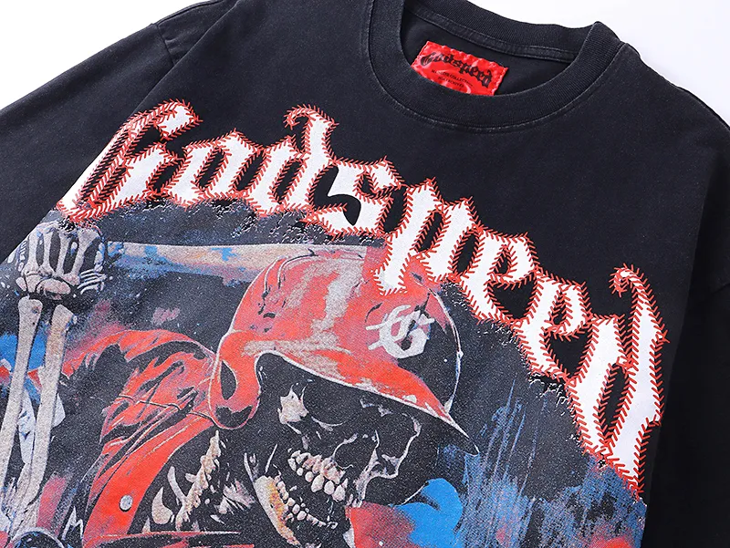 1017# P126 Washed model Real shot Godspeed American fashion rock street retro washed distressed printed cotton short sleeves Fabric: 250g 32 count fine cotton double yarn pure cotton Color: washed black washed blue Code number: S M L XL