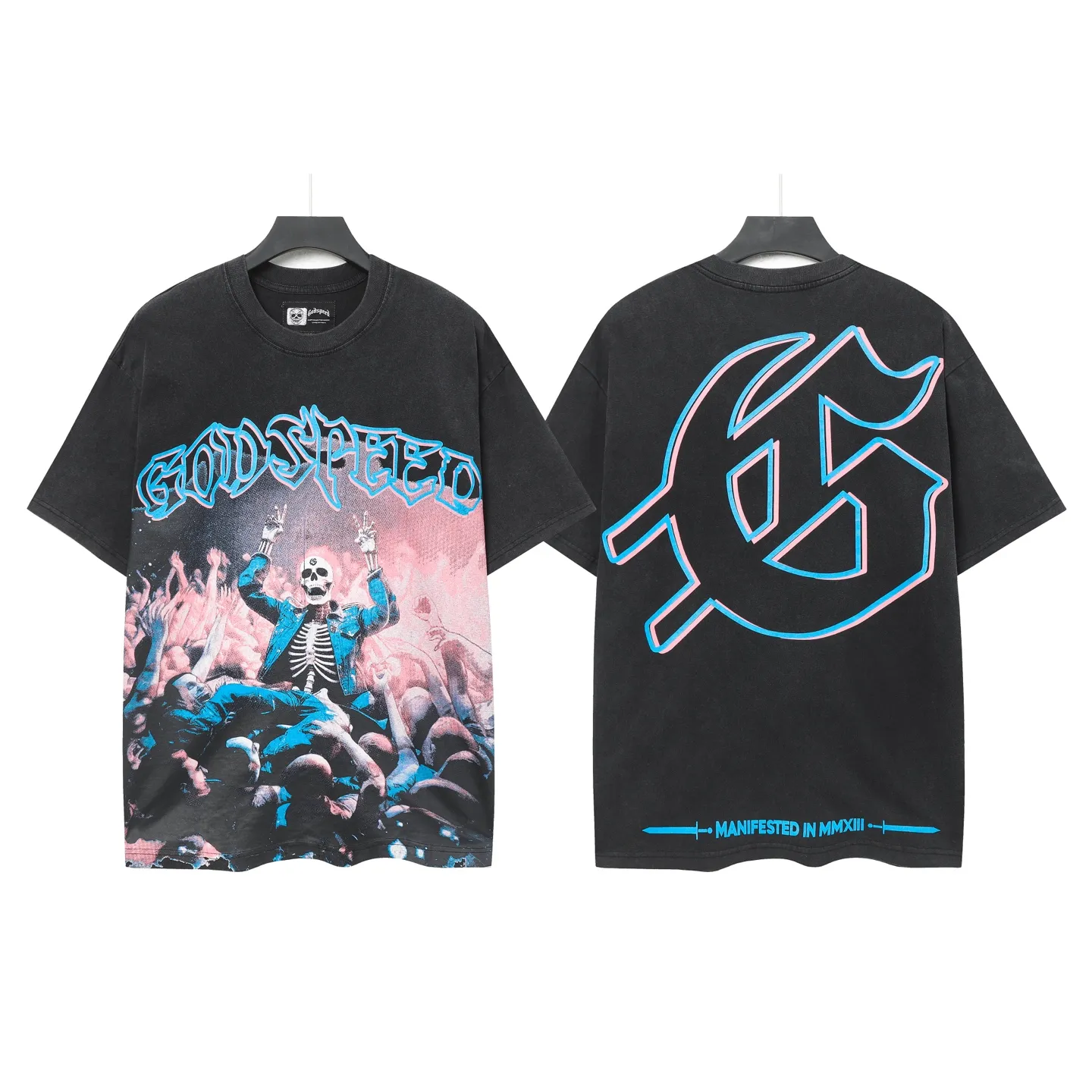 6058#washed black｜P116 Godspeed cross-border American rock and roll street washed retro style short-sleeved T (craft printing) fabric (fabric): 32 count combed double yarn 250g weight code number (size): S-M-L-XL color (colour): washed black