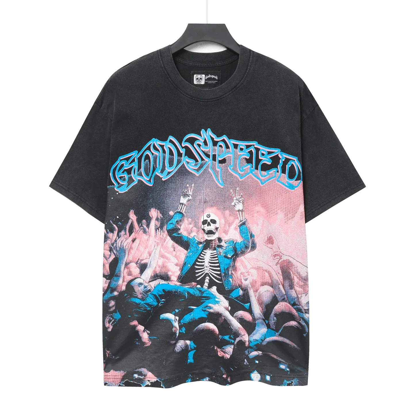 6058#washed black｜P116 Godspeed cross-border American rock and roll street washed retro style short-sleeved T (craft printing) fabric (fabric): 32 count combed double yarn 250g weight code number (size): S-M-L-XL color (colour): washed black
