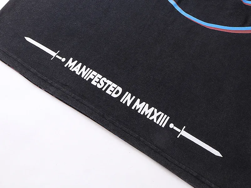 6058#washed black｜P116 Godspeed cross-border American rock and roll street washed retro style short-sleeved T (craft printing) fabric (fabric): 32 count combed double yarn 250g weight code number (size): S-M-L-XL color (colour): washed black
