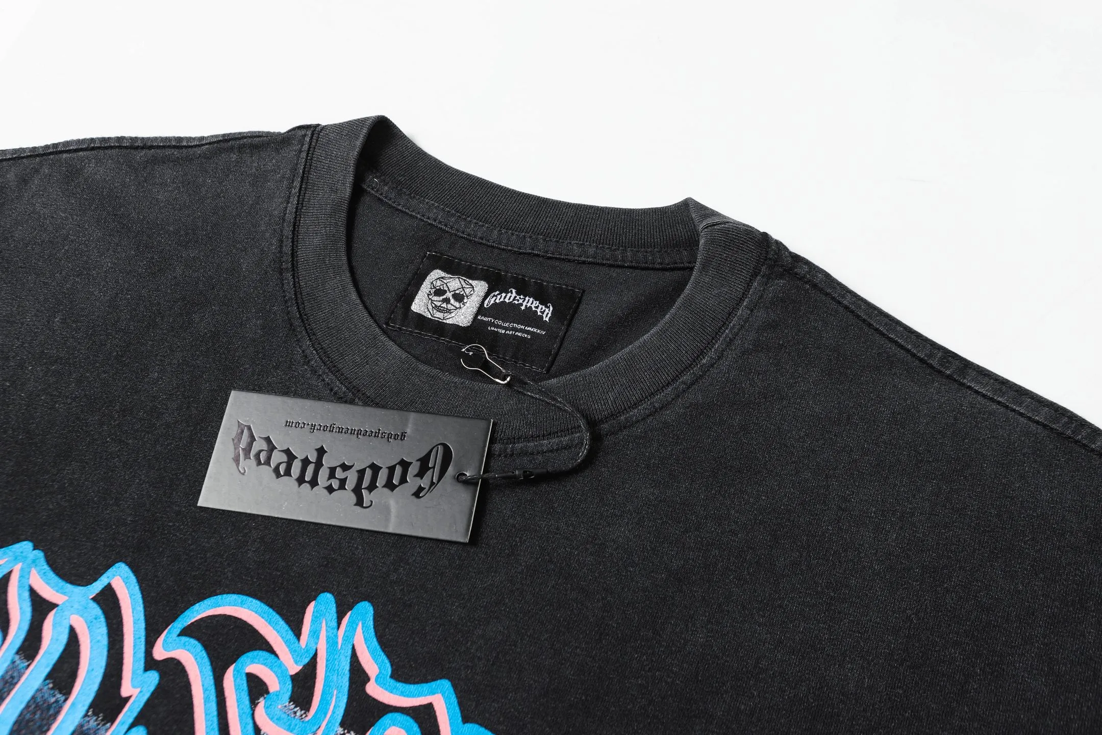 6058#washed black｜P116 Godspeed cross-border American rock and roll street washed retro style short-sleeved T (craft printing) fabric (fabric): 32 count combed double yarn 250g weight code number (size): S-M-L-XL color (colour): washed black