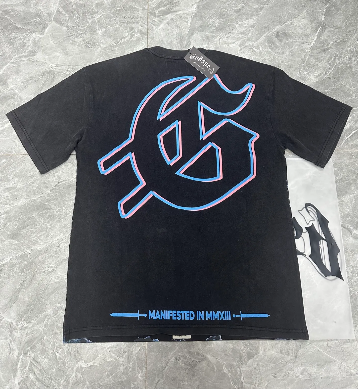 6058#washed black｜P116 Godspeed cross-border American rock and roll street washed retro style short-sleeved T (craft printing) fabric (fabric): 32 count combed double yarn 250g weight code number (size): S-M-L-XL color (colour): washed black