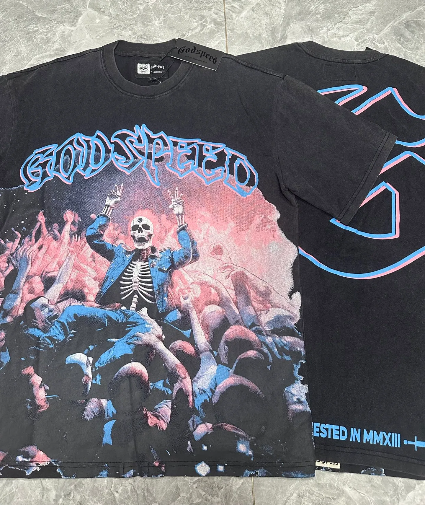 6058#washed black｜P116 Godspeed cross-border American rock and roll street washed retro style short-sleeved T (craft printing) fabric (fabric): 32 count combed double yarn 250g weight code number (size): S-M-L-XL color (colour): washed black