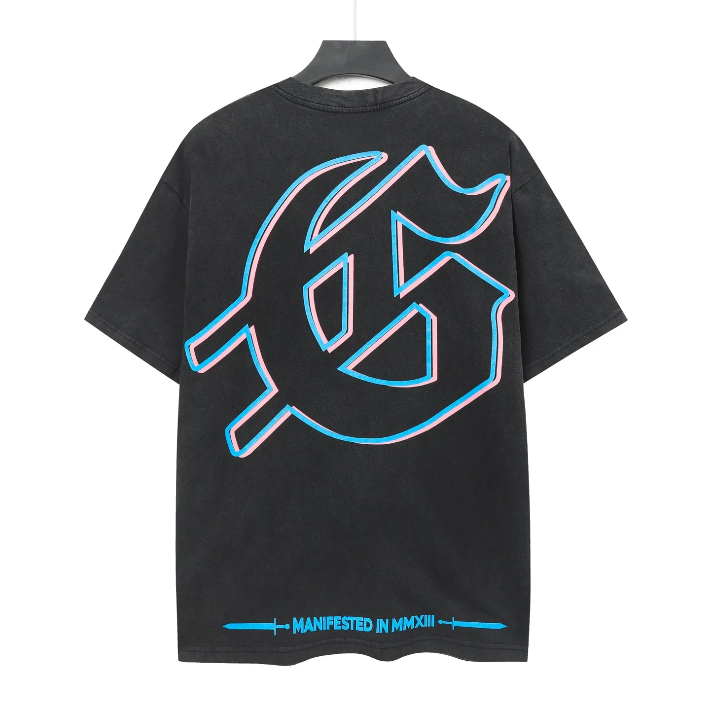 6058#washed black｜P116 Godspeed cross-border American rock and roll street washed retro style short-sleeved T (craft printing) fabric (fabric): 32 count combed double yarn 250g weight code number (size): S-M-L-XL color (colour): washed black