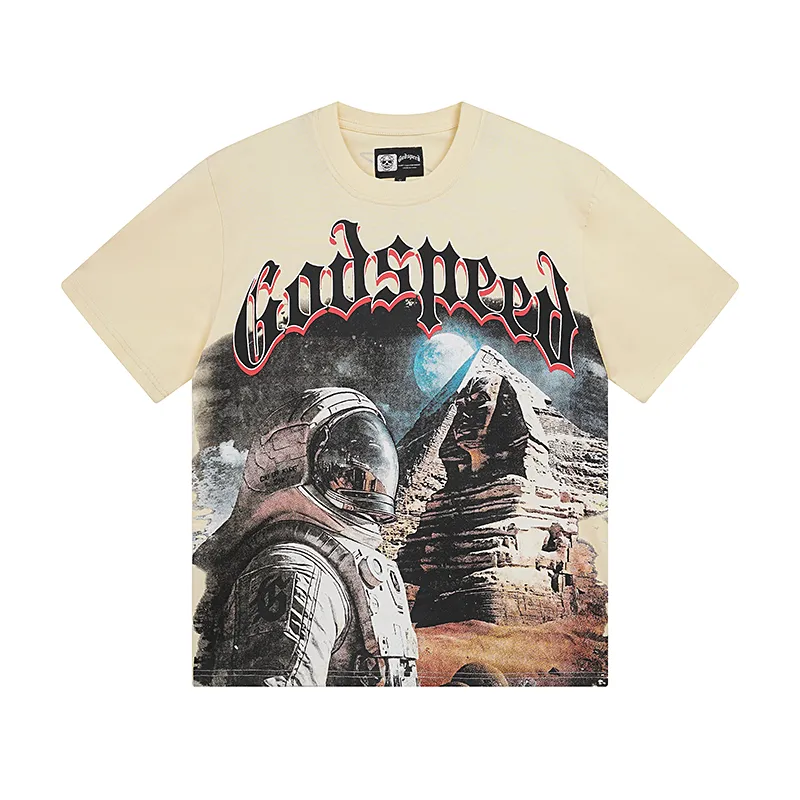 3050# P110 Real shot Godspeed American fashion rock street retro loose printed cotton short sleeves Fabric: 240g 32 count fine cotton double yarn pure cotton Color: apricot Size: S M L XL
