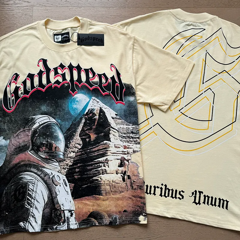 3050# P110 Real shot Godspeed American fashion rock street retro loose printed cotton short sleeves Fabric: 240g 32 count fine cotton double yarn pure cotton Color: apricot Size: S M L XL