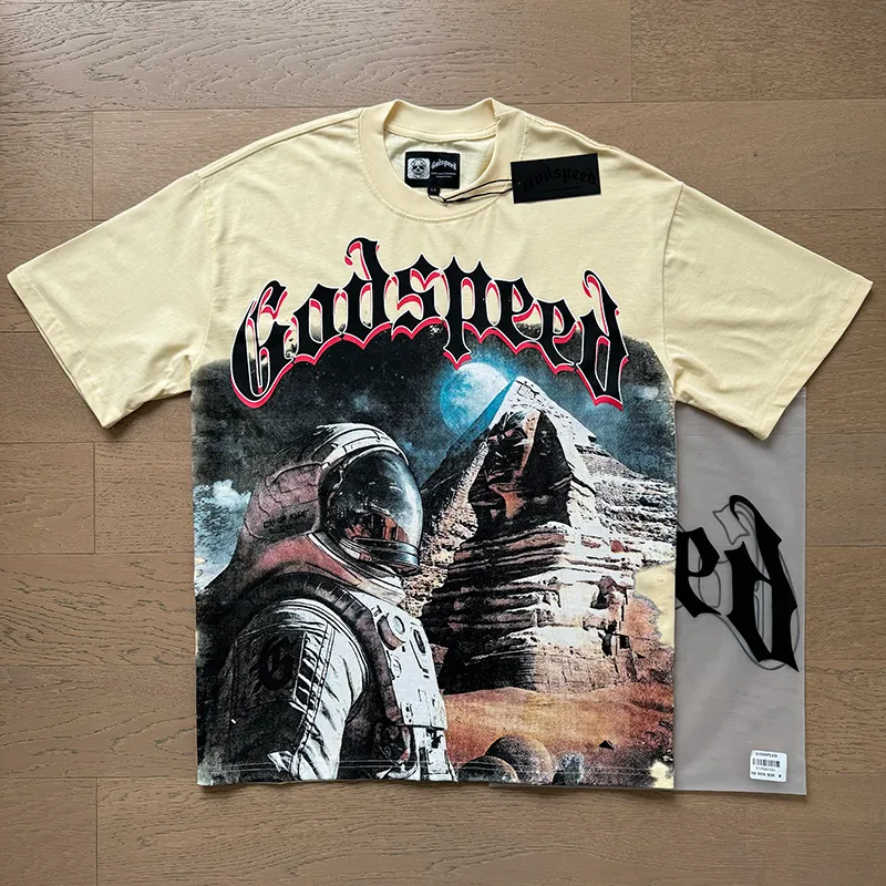 3050# P110 Real shot Godspeed American fashion rock street retro loose printed cotton short sleeves Fabric: 240g 32 count fine cotton double yarn pure cotton Color: apricot Size: S M L XL
