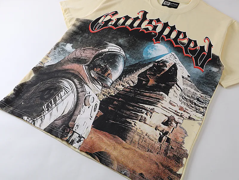 3050# P110 Real shot Godspeed American fashion rock street retro loose printed cotton short sleeves Fabric: 240g 32 count fine cotton double yarn pure cotton Color: apricot Size: S M L XL
