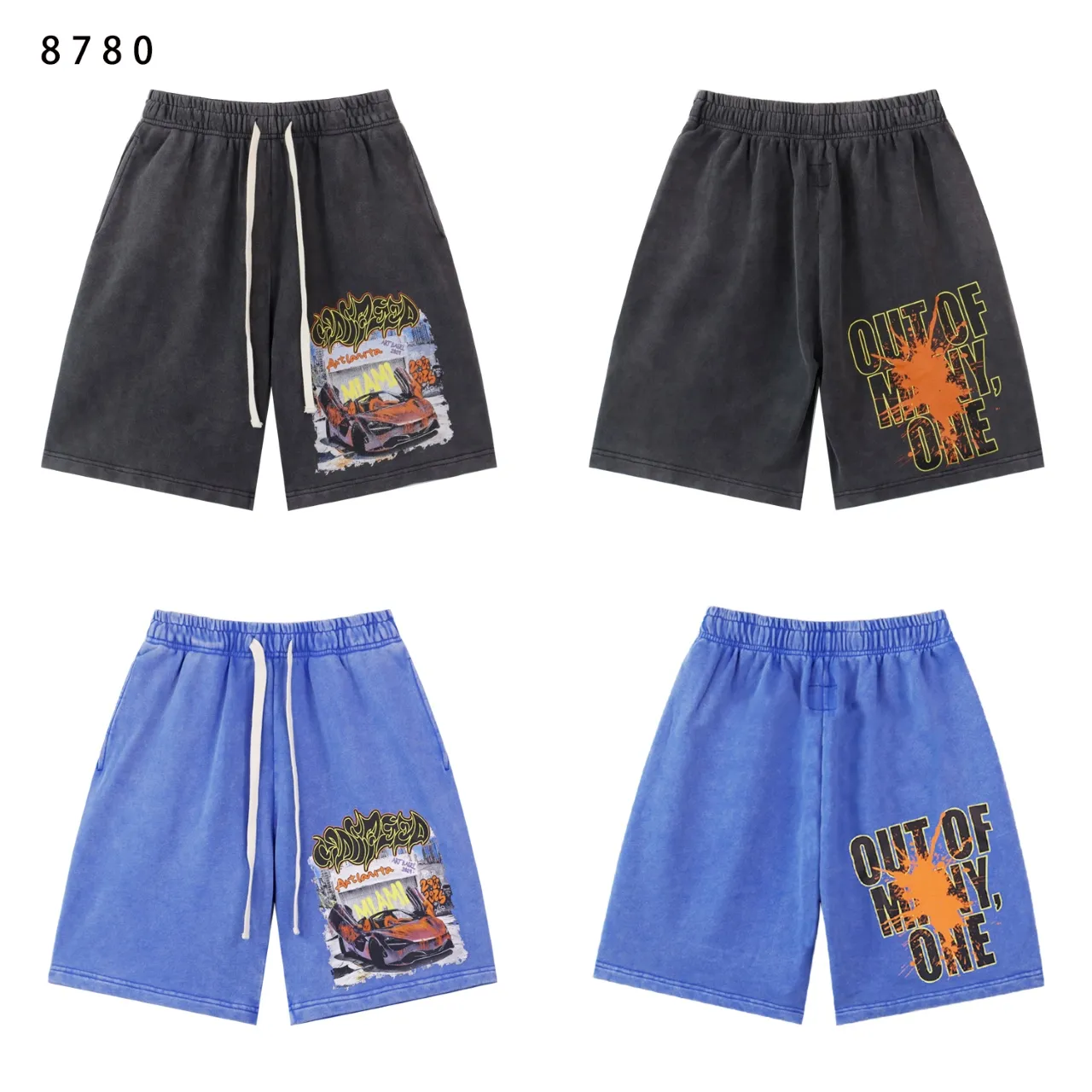 💰150 Style No.: BR 8780 Fabric: 380g washed, real stock, Godspeed printed high quality double yarn casual trendy brand washed distressed shorts Color; washed black, washed blue, code number: S M L XL