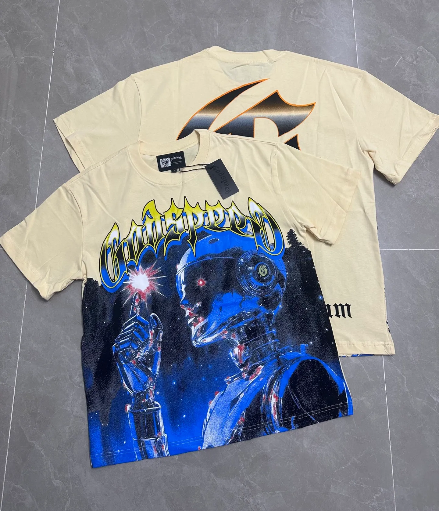 5122#apricot I P104 Godspeed cross-border American rock and roll street washed retro style short-sleeved T (craft printing) fabric (fabric): 32 count combed double yarn 240 grams weight code number (size): S-M-L-XL color (colour): white