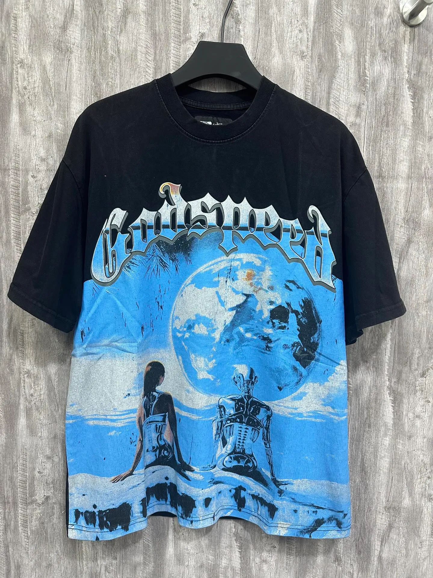 6015#washed black/washed blue ｜P116 Godspeed cross-border American rock and roll street washed retro style short-sleeved T (craft print) fabric (fabric): 32 count combed double yarn 250g weight size (size): S-M-L-XL color (colour): washed black/washed blue/ 👉 👉 👉