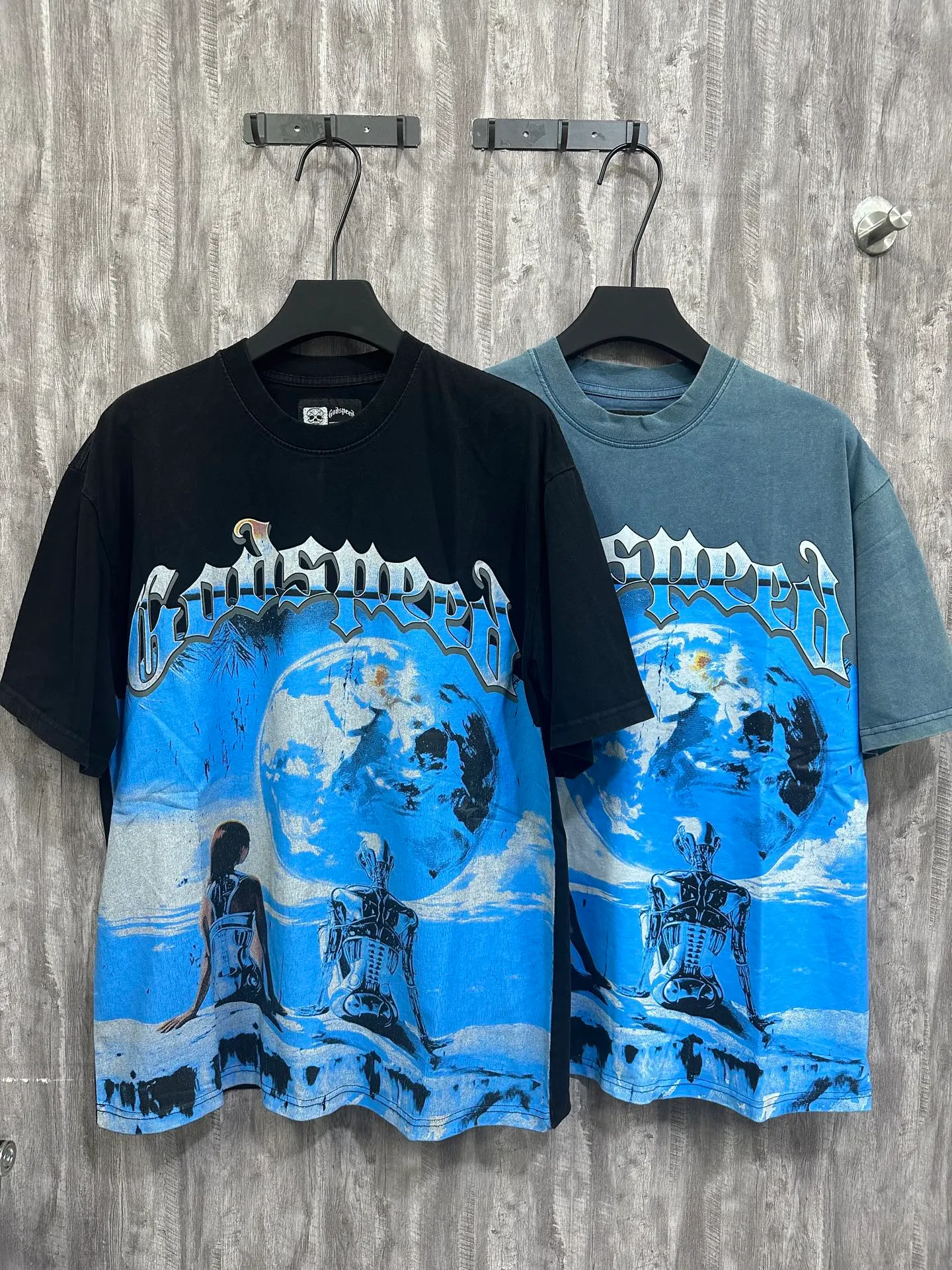 6015#washed black/washed blue ｜P116 Godspeed cross-border American rock and roll street washed retro style short-sleeved T (craft print) fabric (fabric): 32 count combed double yarn 250g weight size (size): S-M-L-XL color (colour): washed black/washed blue/ 👉 👉 👉