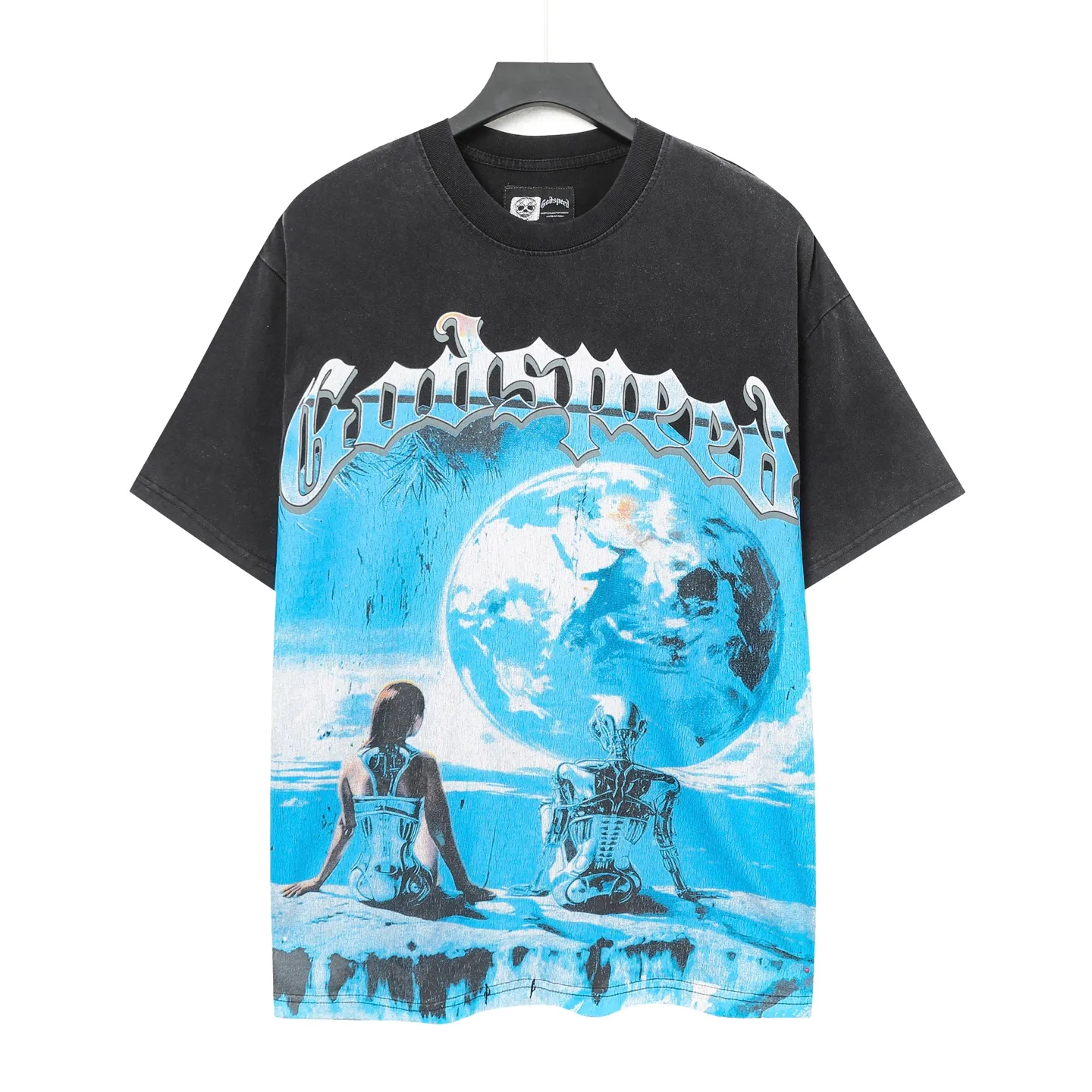 6015#washed black/washed blue ｜P116 Godspeed cross-border American rock and roll street washed retro style short-sleeved T (craft print) fabric (fabric): 32 count combed double yarn 250g weight size (size): S-M-L-XL color (colour): washed black/washed blue/ 👉 👉 👉