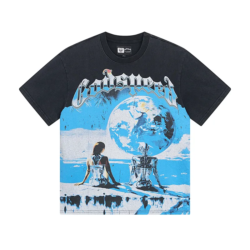 6015#washed black/washed blue ｜P116 Godspeed cross-border American rock and roll street washed retro style short-sleeved T (craft print) fabric (fabric): 32 count combed double yarn 250g weight size (size): S-M-L-XL color (colour): washed black/washed blue/ 👉 👉 👉