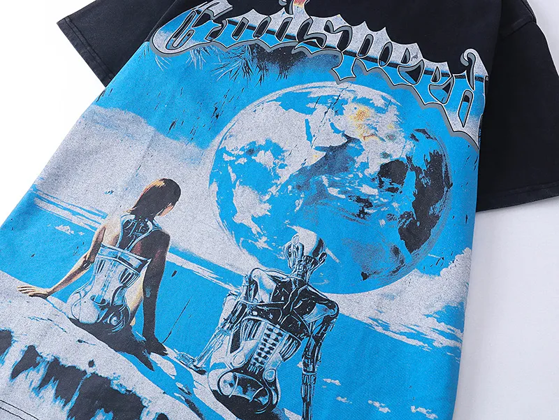 6015#washed black/washed blue ｜P116 Godspeed cross-border American rock and roll street washed retro style short-sleeved T (craft print) fabric (fabric): 32 count combed double yarn 250g weight size (size): S-M-L-XL color (colour): washed black/washed blue/ 👉 👉 👉