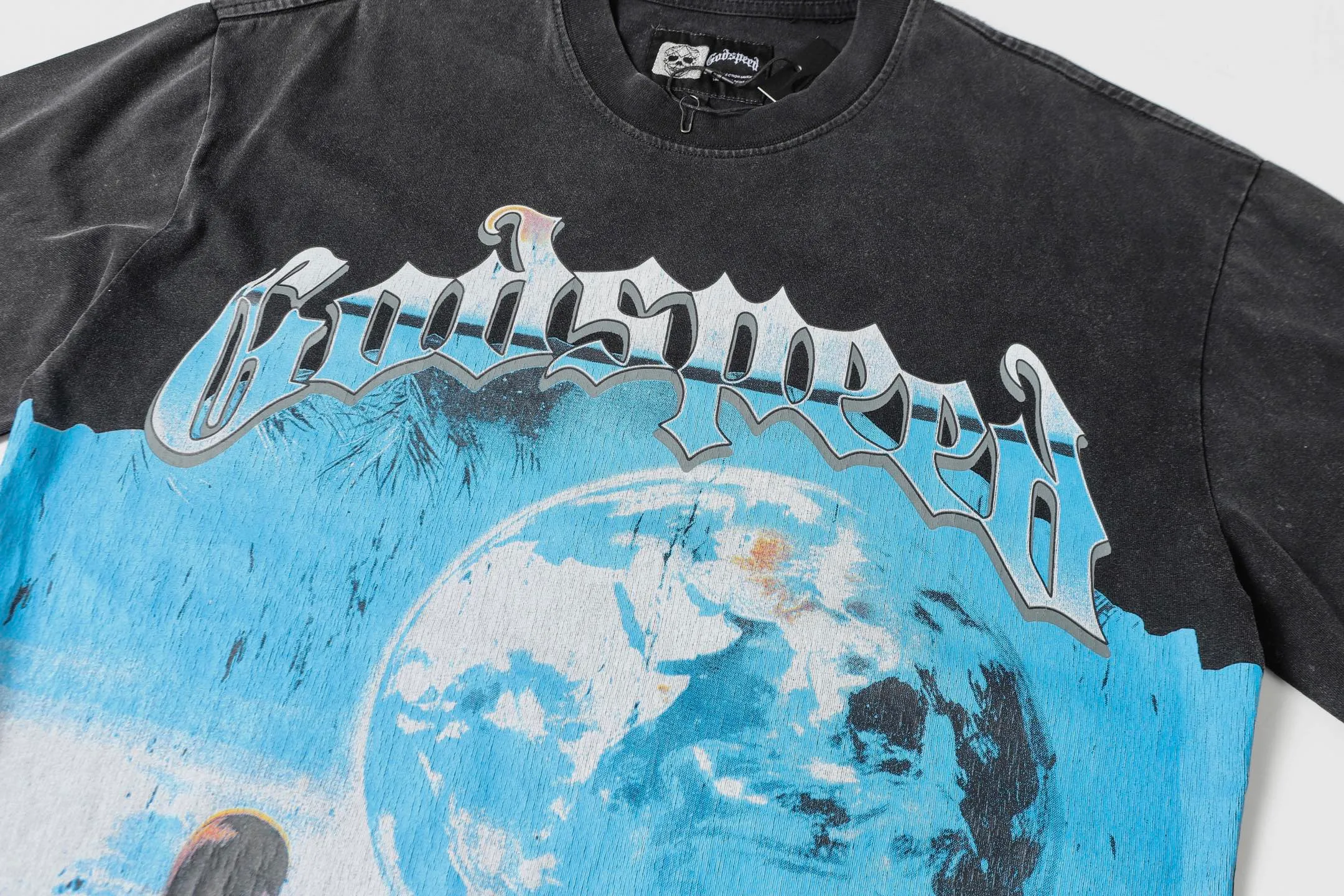 6015#washed black/washed blue ｜P116 Godspeed cross-border American rock and roll street washed retro style short-sleeved T (craft print) fabric (fabric): 32 count combed double yarn 250g weight size (size): S-M-L-XL color (colour): washed black/washed blue/ 👉 👉 👉