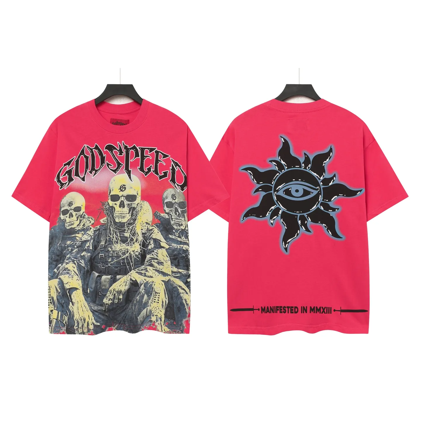 5067#Rose Red | P104 Godspeed cross-border American rock and roll street washed retro style short-sleeved T (craft printing) fabric (fabric) 32-count combed double yarn 240 grams weight code number (size): S-M-L-XL color (colour): rose red