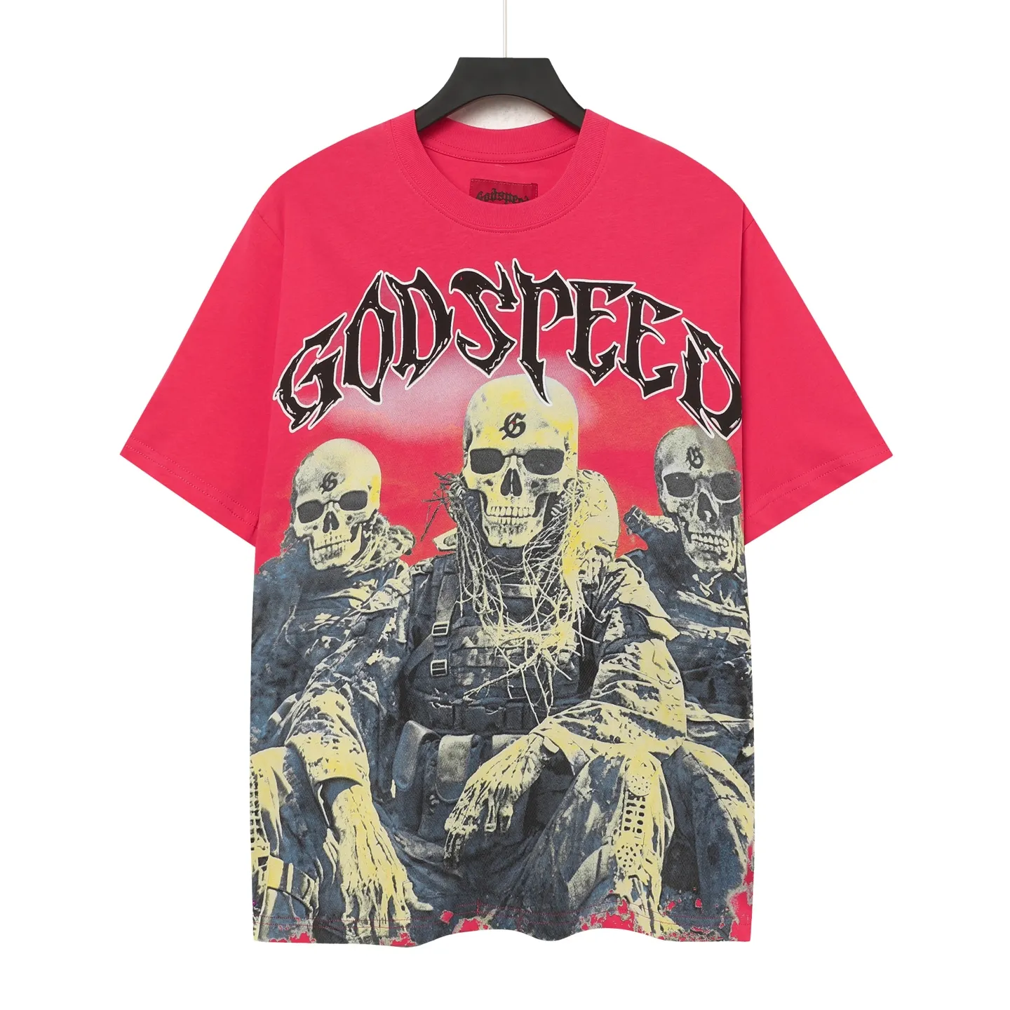 5067#Rose Red | P104 Godspeed cross-border American rock and roll street washed retro style short-sleeved T (craft printing) fabric (fabric) 32-count combed double yarn 240 grams weight code number (size): S-M-L-XL color (colour): rose red