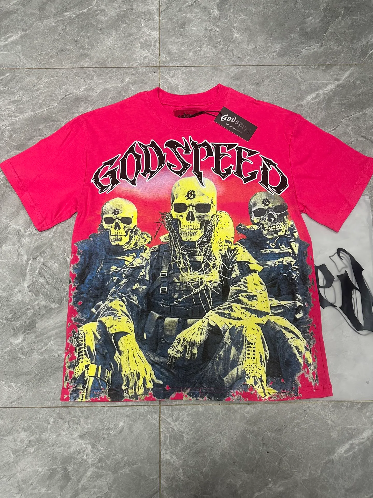 5067#Rose Red | P104 Godspeed cross-border American rock and roll street washed retro style short-sleeved T (craft printing) fabric (fabric) 32-count combed double yarn 240 grams weight code number (size): S-M-L-XL color (colour): rose red