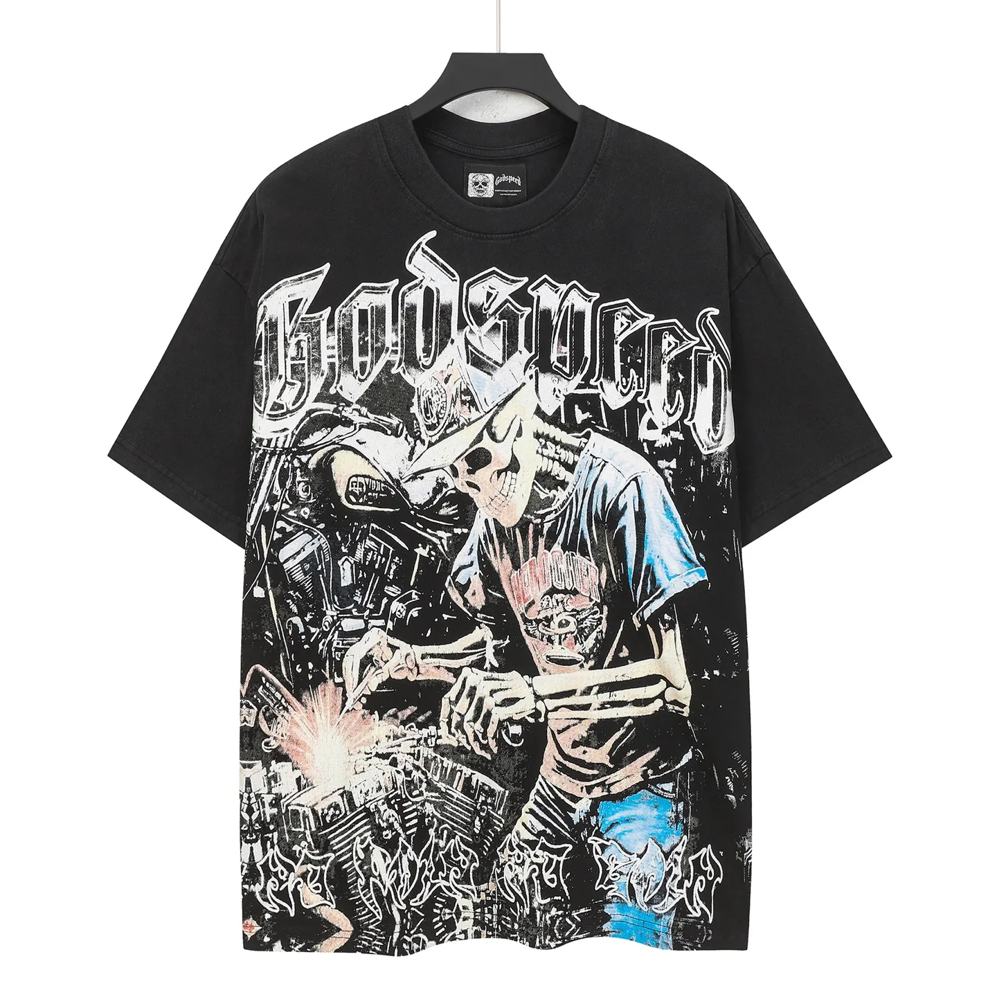 6118##washed black｜P116 Godspeed cross-border American rock and roll street washed retro style short-sleeved T (craft printing) fabric (fabric): 32 count combed double yarn 250g weight size (size): S-M-L-XL color (colour): washed black