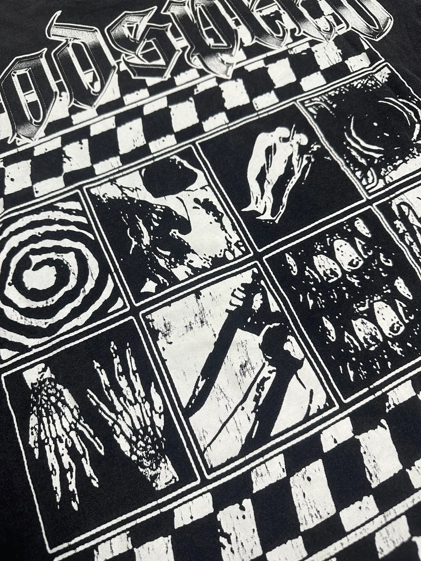 6118##washed black｜P116 Godspeed cross-border American rock and roll street washed retro style short-sleeved T (craft printing) fabric (fabric): 32 count combed double yarn 250g weight size (size): S-M-L-XL color (colour): washed black