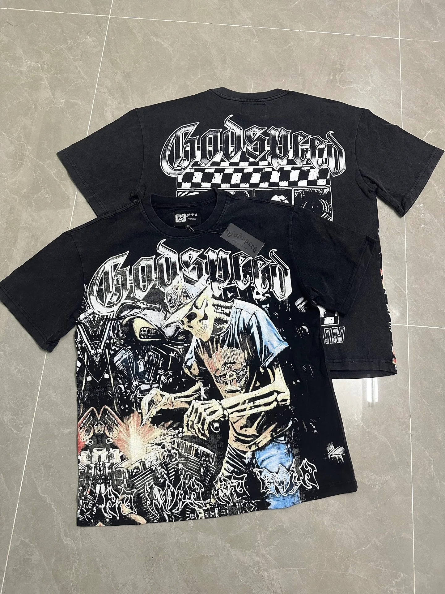 6118##washed black｜P116 Godspeed cross-border American rock and roll street washed retro style short-sleeved T (craft printing) fabric (fabric): 32 count combed double yarn 250g weight size (size): S-M-L-XL color (colour): washed black