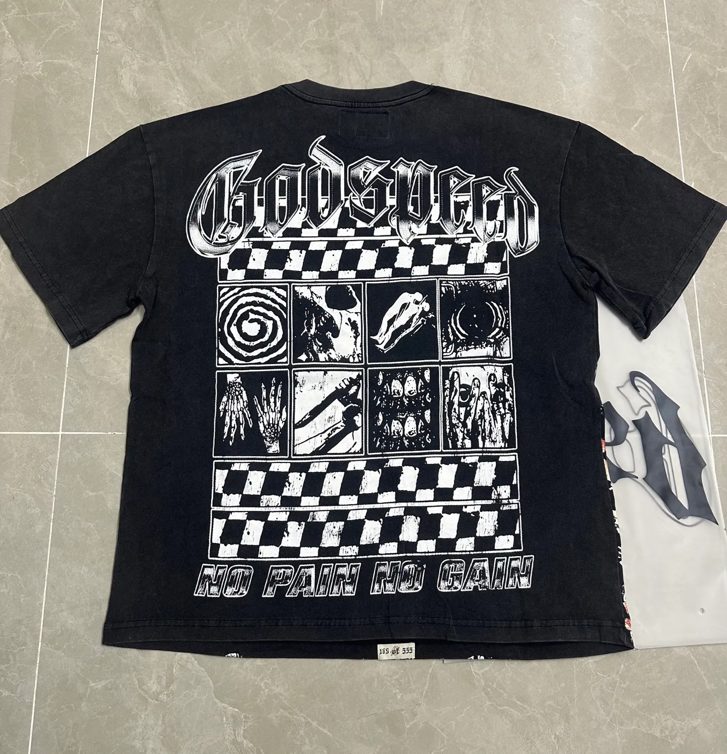 6118##washed black｜P116 Godspeed cross-border American rock and roll street washed retro style short-sleeved T (craft printing) fabric (fabric): 32 count combed double yarn 250g weight size (size): S-M-L-XL color (colour): washed black