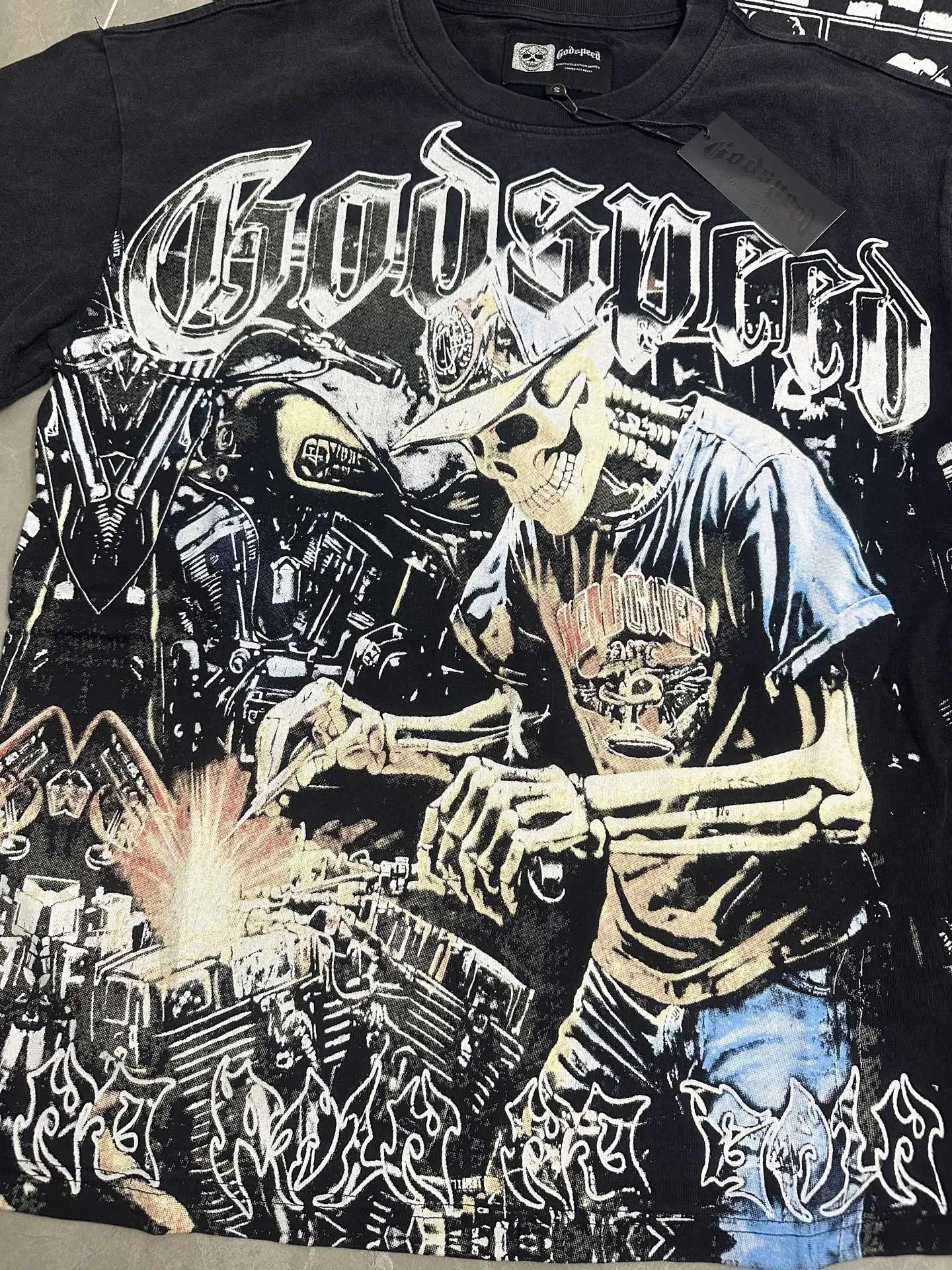 6118##washed black｜P116 Godspeed cross-border American rock and roll street washed retro style short-sleeved T (craft printing) fabric (fabric): 32 count combed double yarn 250g weight size (size): S-M-L-XL color (colour): washed black