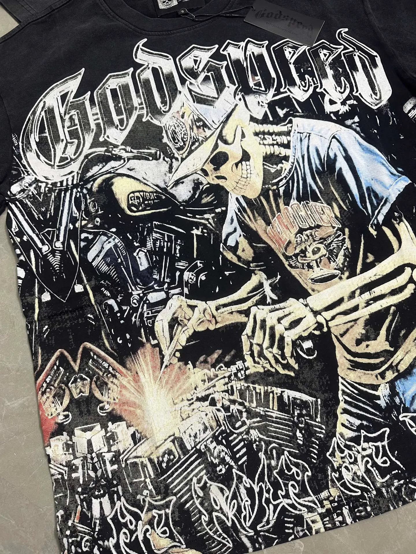 6118##washed black｜P116 Godspeed cross-border American rock and roll street washed retro style short-sleeved T (craft printing) fabric (fabric): 32 count combed double yarn 250g weight size (size): S-M-L-XL color (colour): washed black
